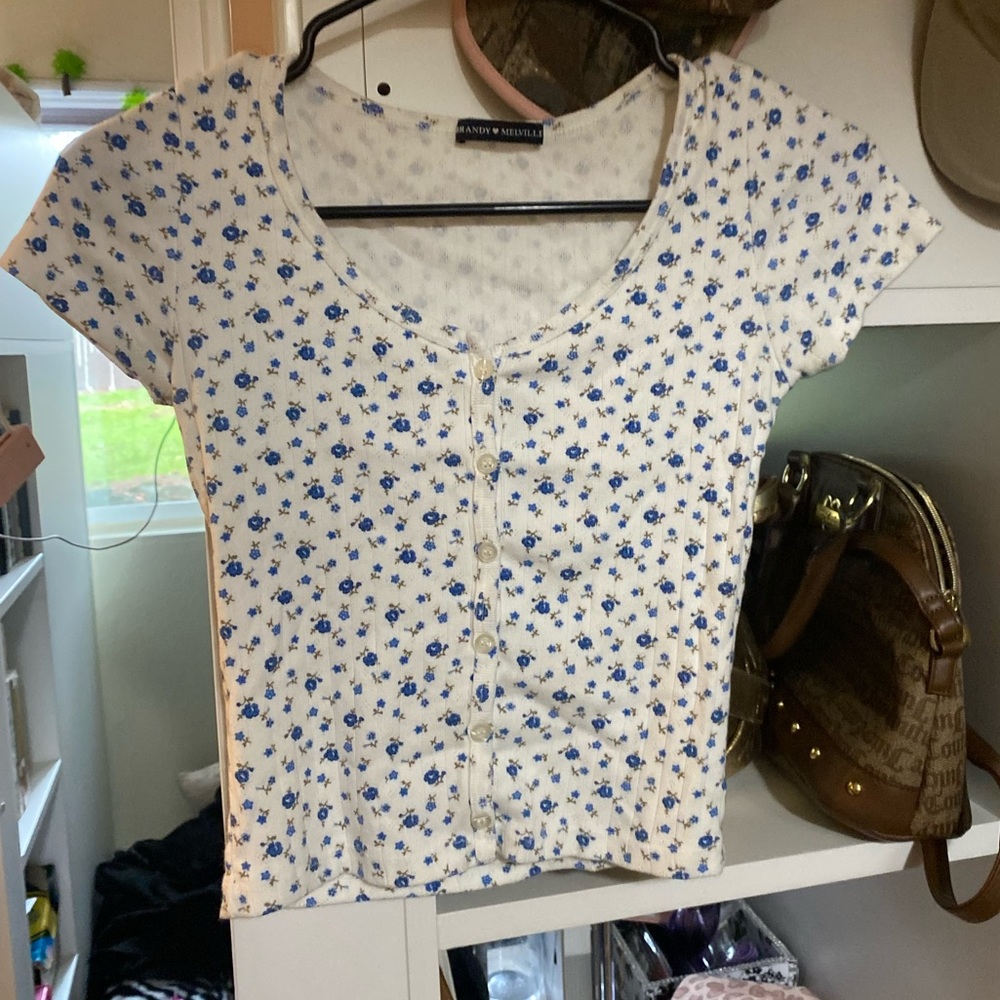 Brandy Melville Round Neck Blue Floral Pattern Button Up Crop Top